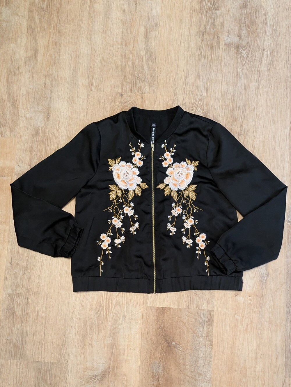 Design Lab Lord & Taylor Black Bomber Jacket with Cream & Gold Floral Embroidery
